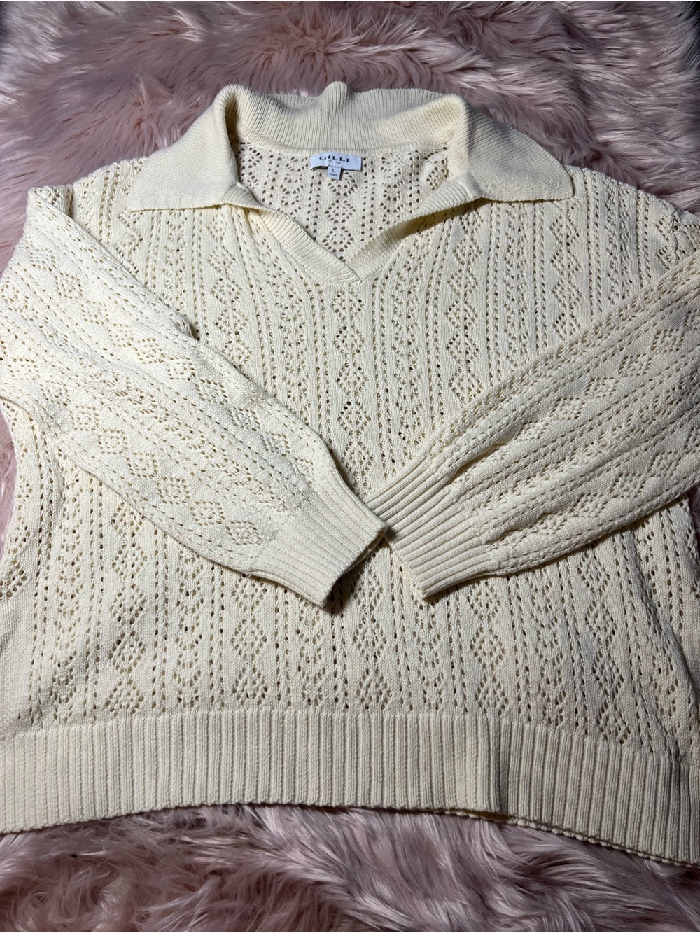 Gilli Cream Open-Knit Polo Sweater